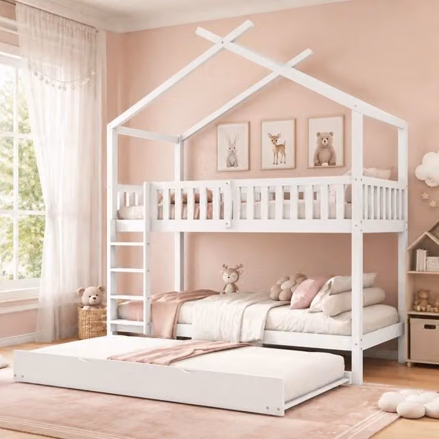 Letto a castello trasformabile in 3 letti singoli 90x200 cm in legno di pino bianco