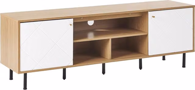 Mobile TV BELIANI in stile scandinavo con 2 ante e 3 ripiani, finitura bianco e marrone in legno e metallo, L 160 x P 56 x H 40 cm
