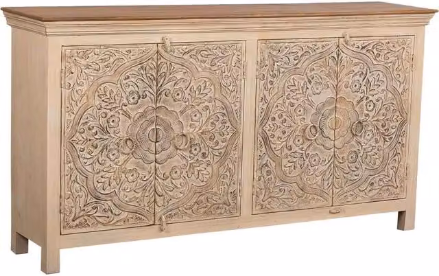 Credenza in legno beige WANDERLUST DECO con decoro floreale ed etnico L: 175 cm, P: 40 cm, H: 94 cm