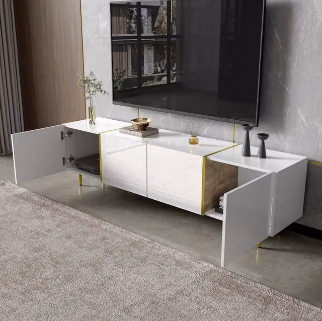 Mobile TV ULEVR 170x35x46 cm con 4 ante a chiusura ammortizzata, MDF bianco lucido con dettagli dorati