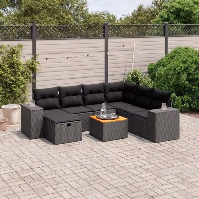 Set Divani da Giardino con Cuscini 8 pz Nero in Polyrattan 3265185