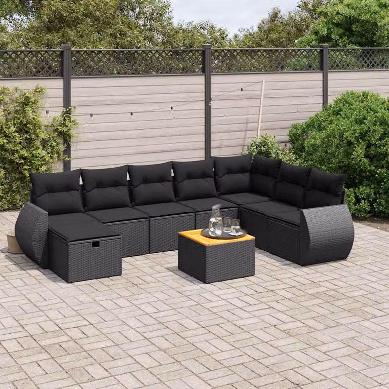 Set di Divani da Giardino vidaXL 9 pz a Forma di L con Cuscini, Polyrattan e Metallo Nero