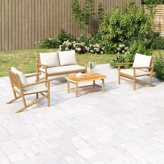 Set Salotto da Giardino vidaXL in Bambù con Cuscini Bianco e Beige composto da Divano 2 Posti e Tavolino da Caffè – 1