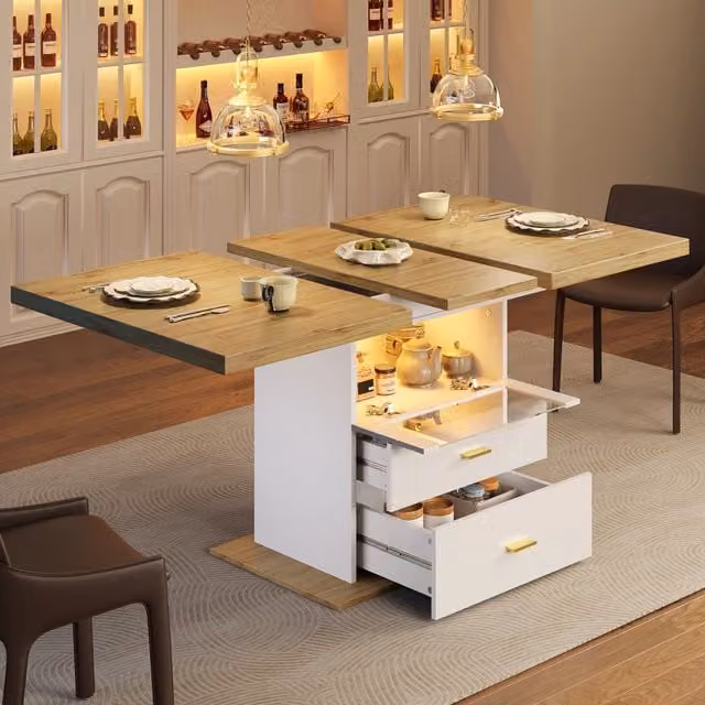 Tavolo allungabile con LED e controllo da app, 2 cassetti e vano con anta in vetro per cucina e sala da pranzo
