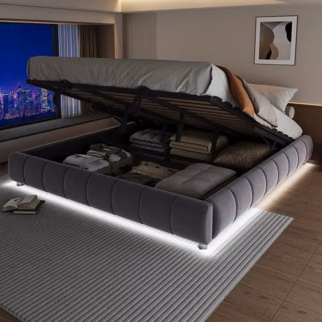 Letto contenitore Mivray in velluto grigio con sistema di sollevamento idraulico e illuminazione LED, senza testiera, L/P/H: 180 x 200 x 29,5 cm