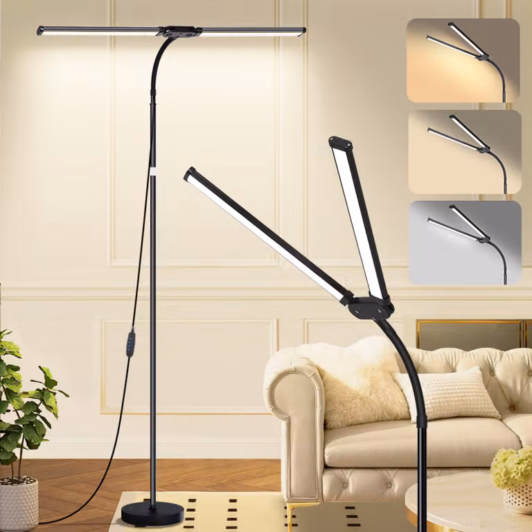 Lampada da terra Doppelkopf con 144 LED, dimmerabile, con protezione per gli occhi e tre modalità di colore, lampada da terra LED con altezza regolabile, ideale per soggiorno, camera da letto e ufficio