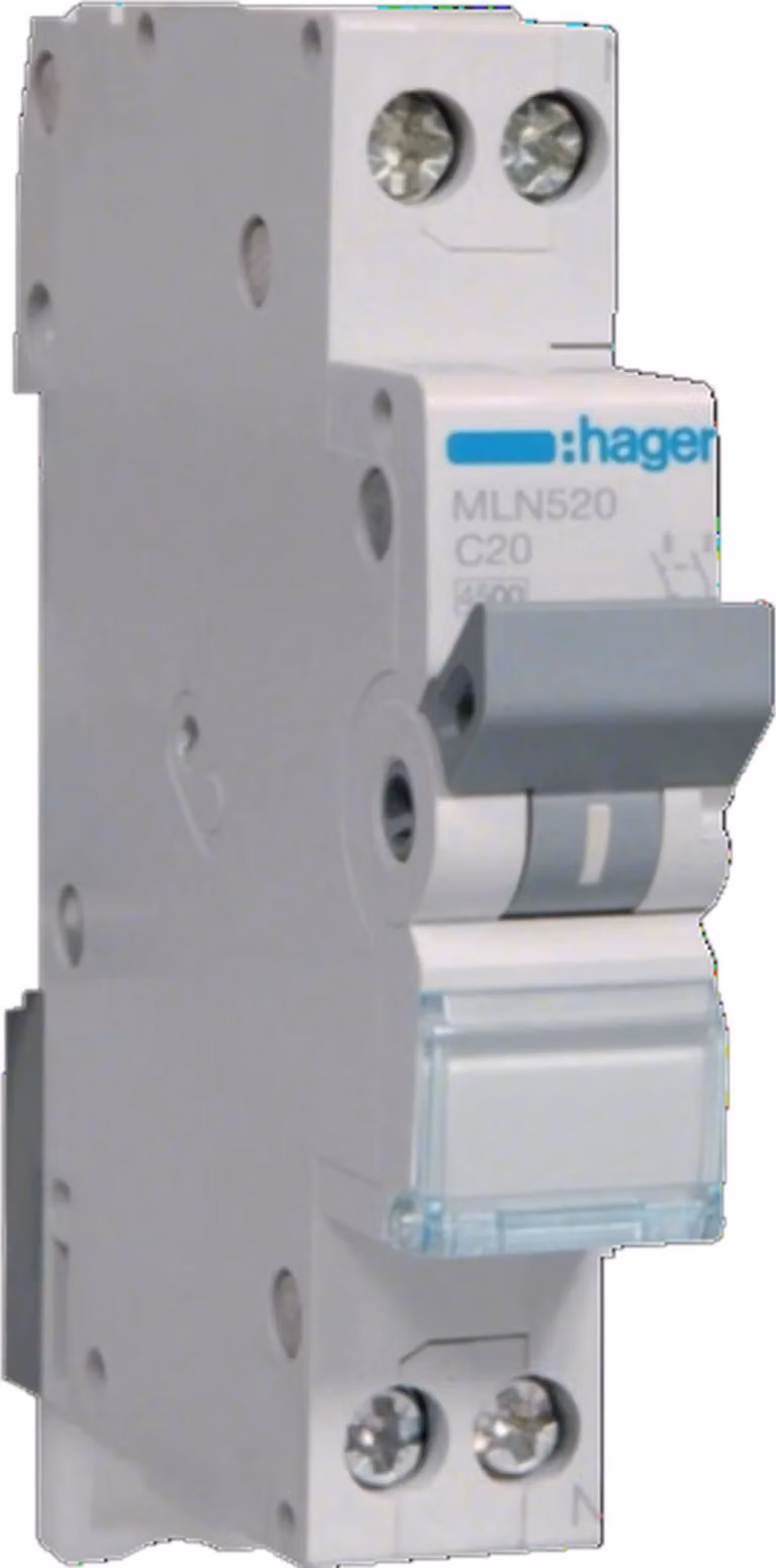 Interruttore Hager LS 1P+N 6kA caratteristica C 20A 1 modulo Hager MLN520, 1 pz.