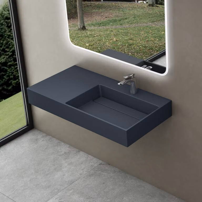 doporro Lavabo Bagno Sospeso Lavabo da Appoggio Rettangolare in Marmo Resina Antracite Opaco, Vasca a Destra 100x48x13 cm con 1 Foro Rubinetto e Piletta Scarico, Colossum12