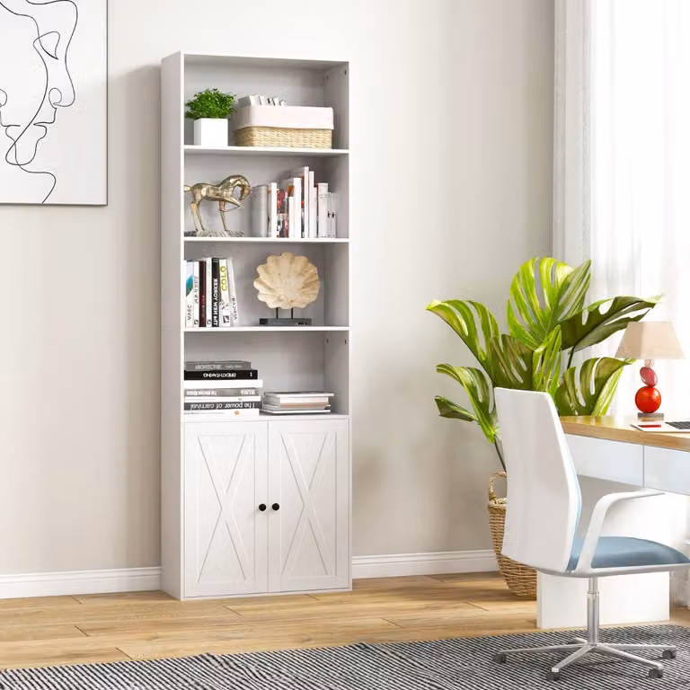 Libreria Costway in stile rustico con 6 ripiani regolabili e 2 ante, colore bianco, Altezza: 180 cm