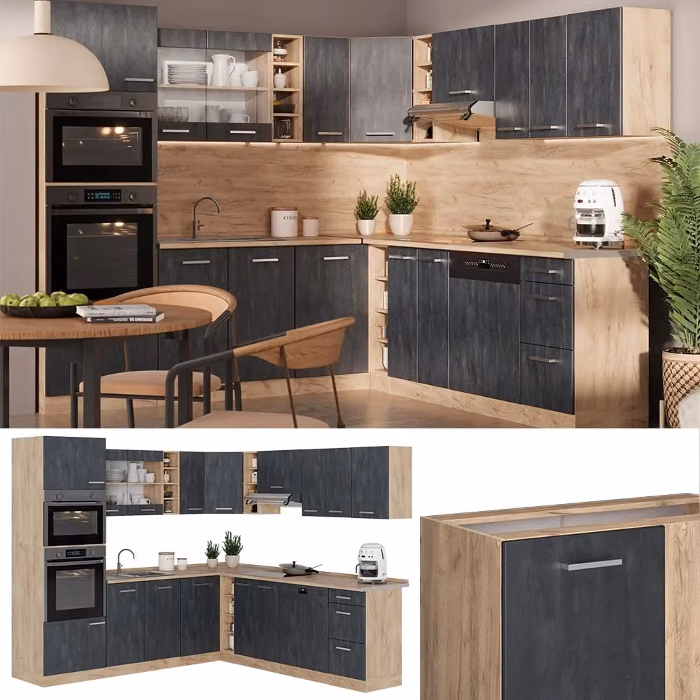 Cucina angolare moderna Vicco R-Line in legno nero e rovere dorato L 247 cm x P 237 cm senza piano di lavoro – 2