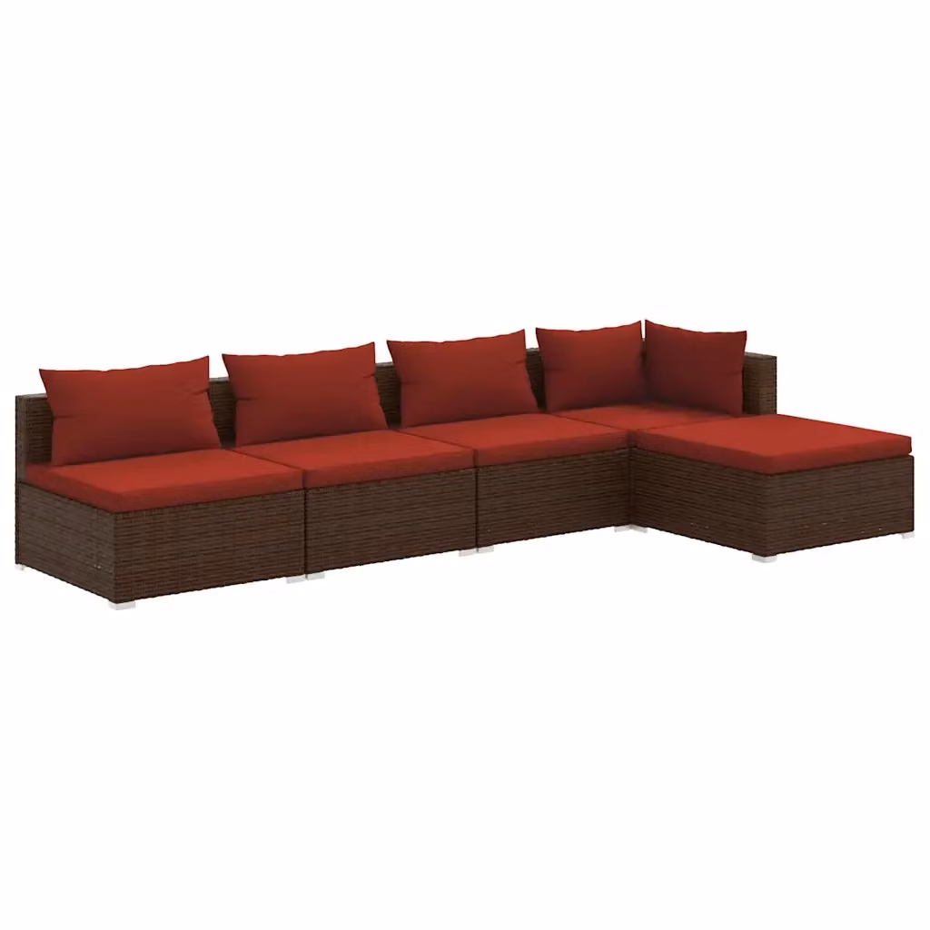 Set da giardino moderno vidaXL composto da 5 pezzi con divano a 3 posti, elemento angolare e pouf, in rattan marrone con cuscini inclusi e coperture rimovibili – 2