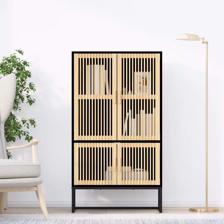 Credenza a parete vidaXL in legno di pino e metallo nera, stile scandinavo, L 70 cm x P 35 cm x H 125 cm