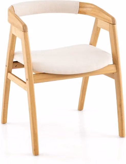 Poltrona moderna in bambù con schienale curvato e cuscino imbottito in tessuto beige stile boho per soggiorno e camera da letto