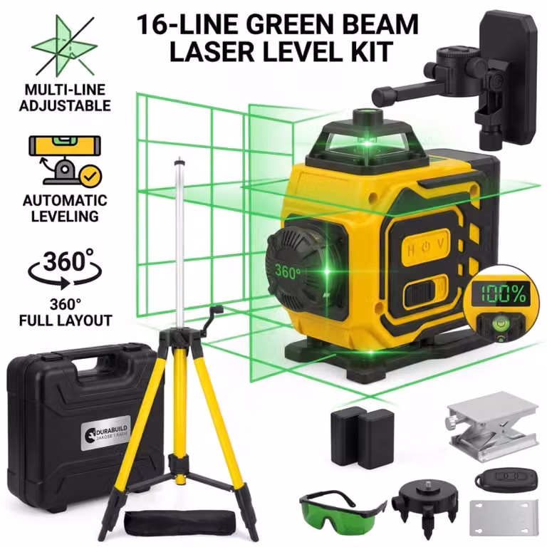 Livella laser 4D 16 linee verde 360° autolivellante con telecomando, 2 batterie ricaricabili, display LED – 30 m