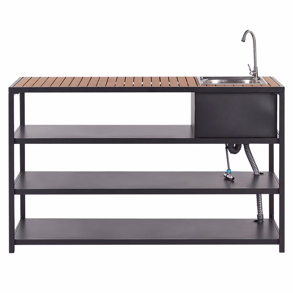 Isola da giardino Beliani con lavello a leva singola, ripiani in acciaio e piano in legno chiaro, colore nero, L: 159 cm, P: 50 cm, H: 91 cm – 2