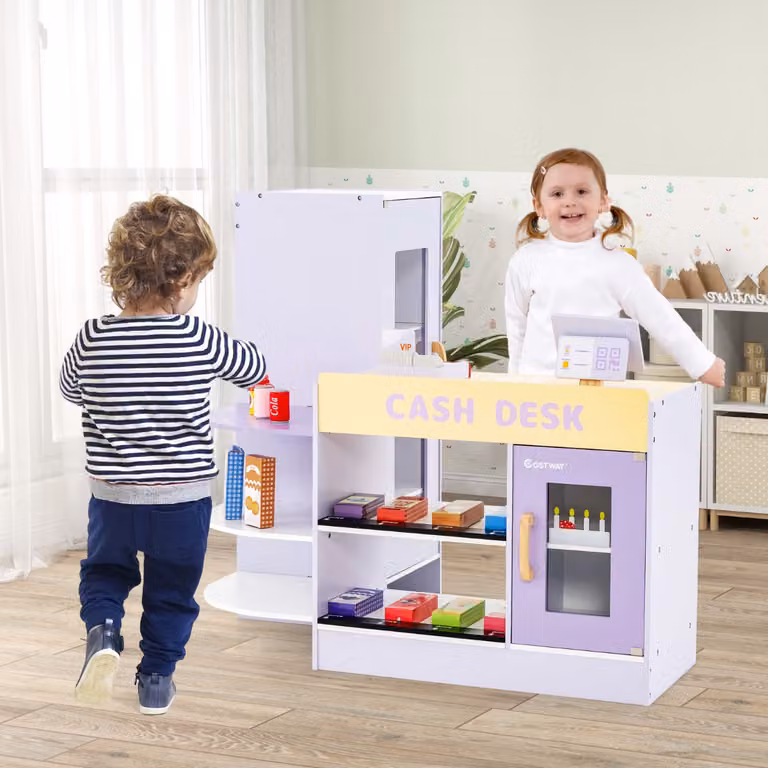 Costway Set di giocattoli in legno per supermercato con bancone cassa POS e distributore automatico Viola