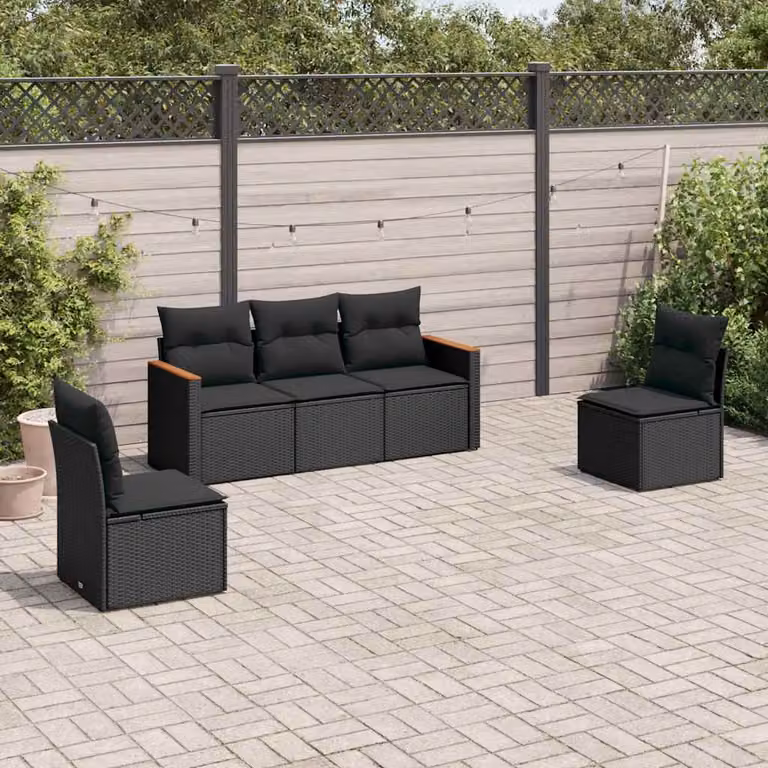 vidaXL Set Divani da Giardino 5 Pezzi in Polyrattan Nero con Cuscini e Struttura in Acciaio Verniciato a Polvere