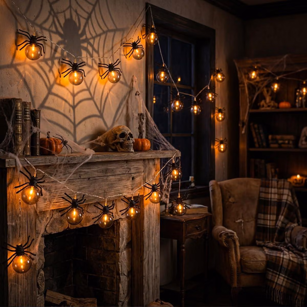 Catena luminosa a tema Halloween, con ragni, lunghezza 1,5 metri, 10 LED, luce bianco caldo