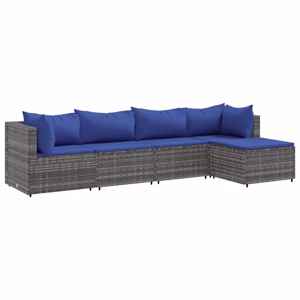 vidaXL Set Divani da Giardino 5 pz a Forma a L con Cuscini Blu e Grigio in Polyrattan e Metallo – 2
