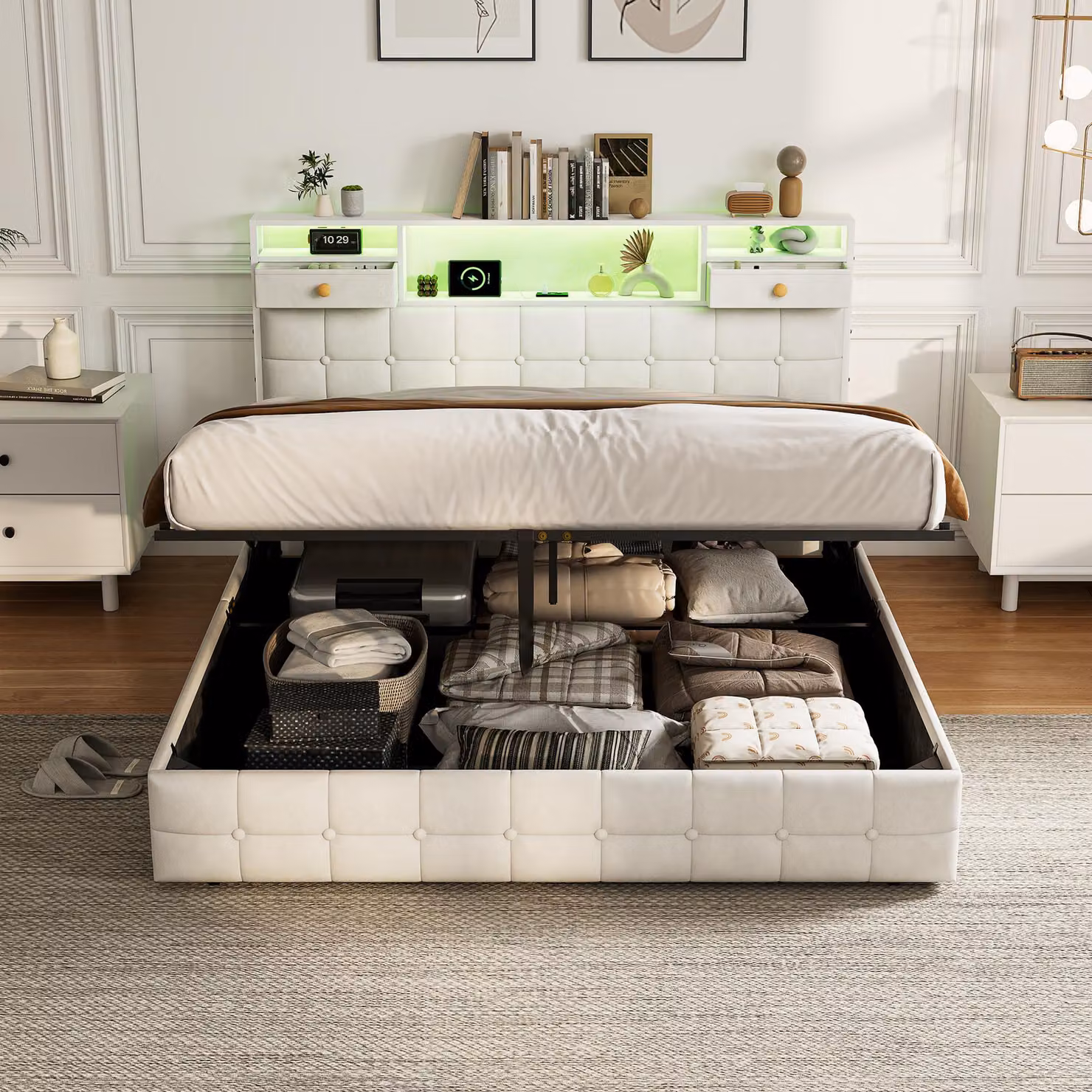Letto imbottito UnboxG, 140x200 cm, con contenitore, testiera con spazio contenitivo e 2 cassetti, illuminazione LED, stazione di ricarica USB, spazio contenitivo idraulico, rete a doghe, rivestito in velluto, color beige