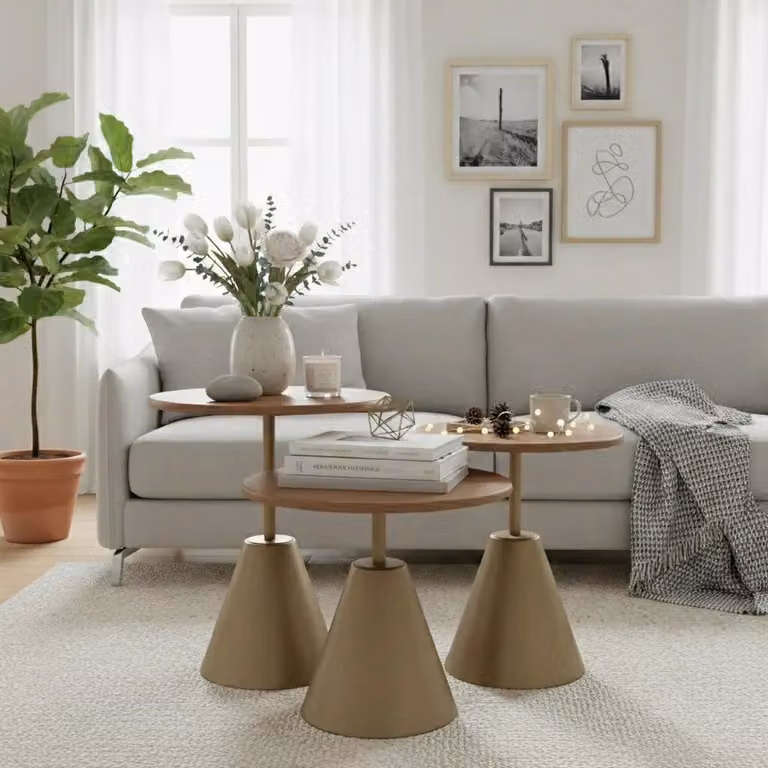 Tavolino da divano rotondo, moderno, elegante, confortevole, di stile, elegante, in legno, color marrone