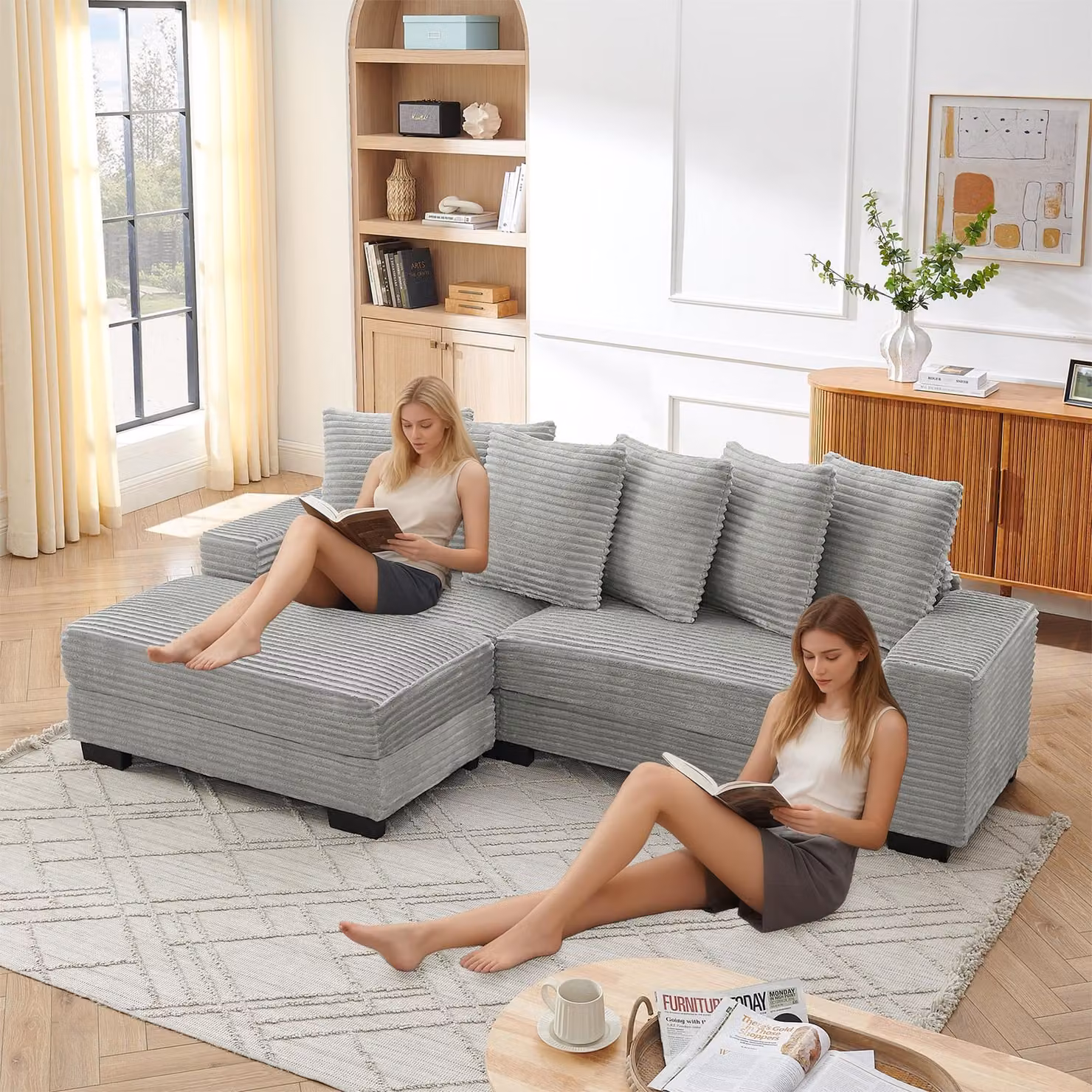 MODFU Divano modulare a 4 posti imbottito con gambe in plastica e 6 cuscini, gruppo di seduta divano relax con gambe in plastica per soggiorno, grigio