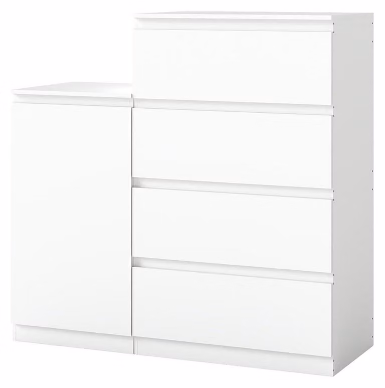 Comodino bianco con 4 cassetti e mobiletto con anta, set moderno, legno, dimensioni 60x40x98 cm e 40x40x75 cm
