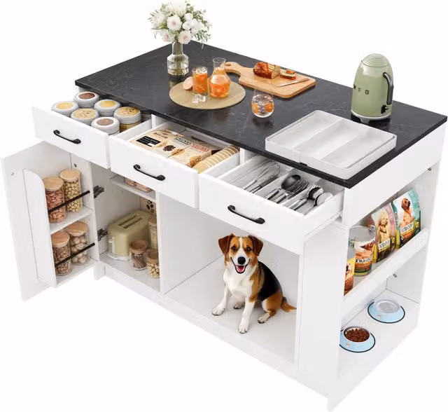 Isola cucina bianca con spazio per animali; 3 cassetti e porta spezie 120x60x90 cm