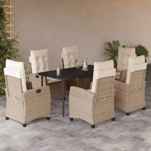 Set da Pranzo da Giardino VIDAXL in Polyrattan con Cuscini Beige e Tavolo in Vetro, 7 Pezzi – 1