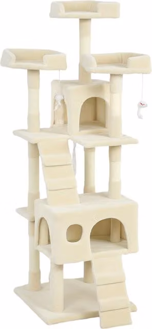 Albero Tiragraffi per Gatti PawHut con 2 Casette, 3 Letti, 2 Rampe e Montanti in Sisal, Altezza: 153 cm, Colore Beige