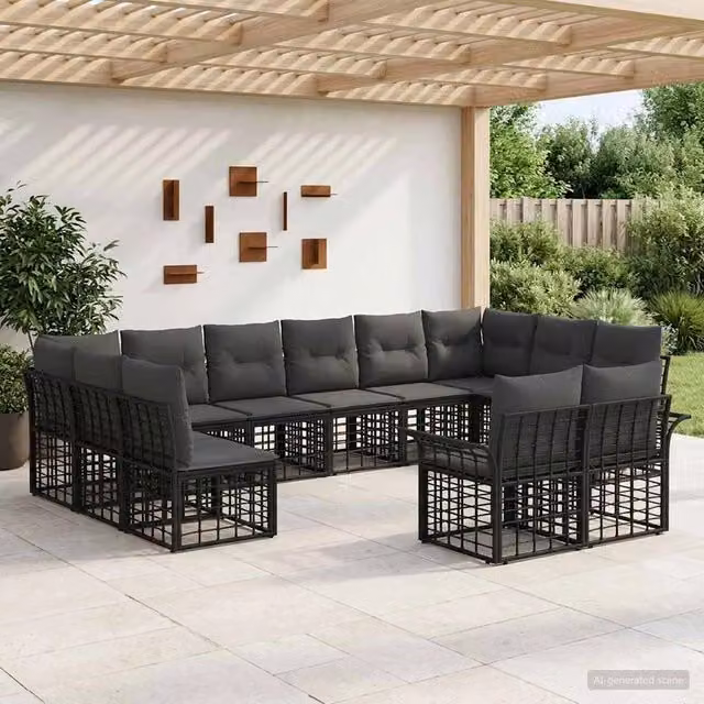 Set di divani da esterno 12 pz Nero e Grigio scuro Poliestere 3437785