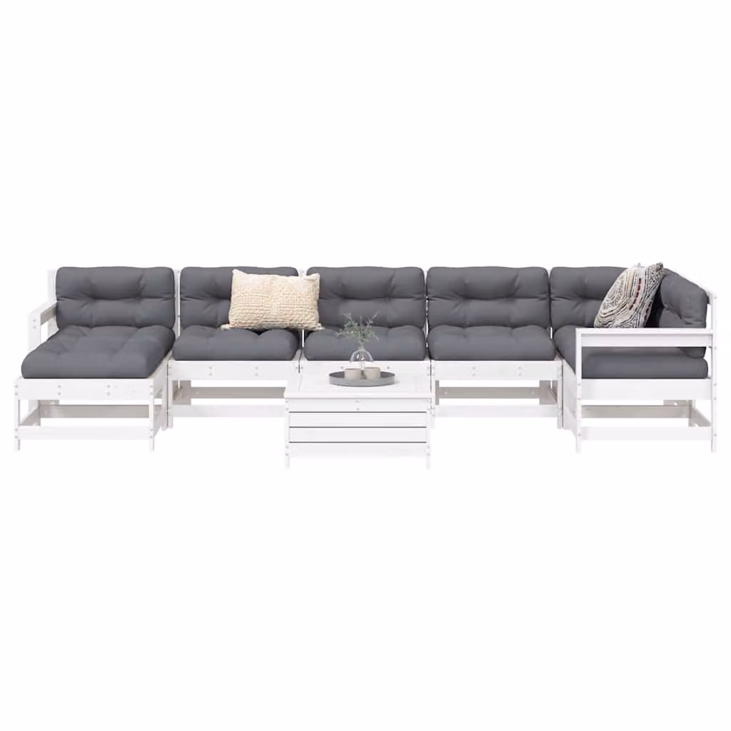 Set Divani da Giardino vidaXL 8 pz in Legno di Pino Bianco con Cuscini Bianchi e Grigi in Stile Rustico