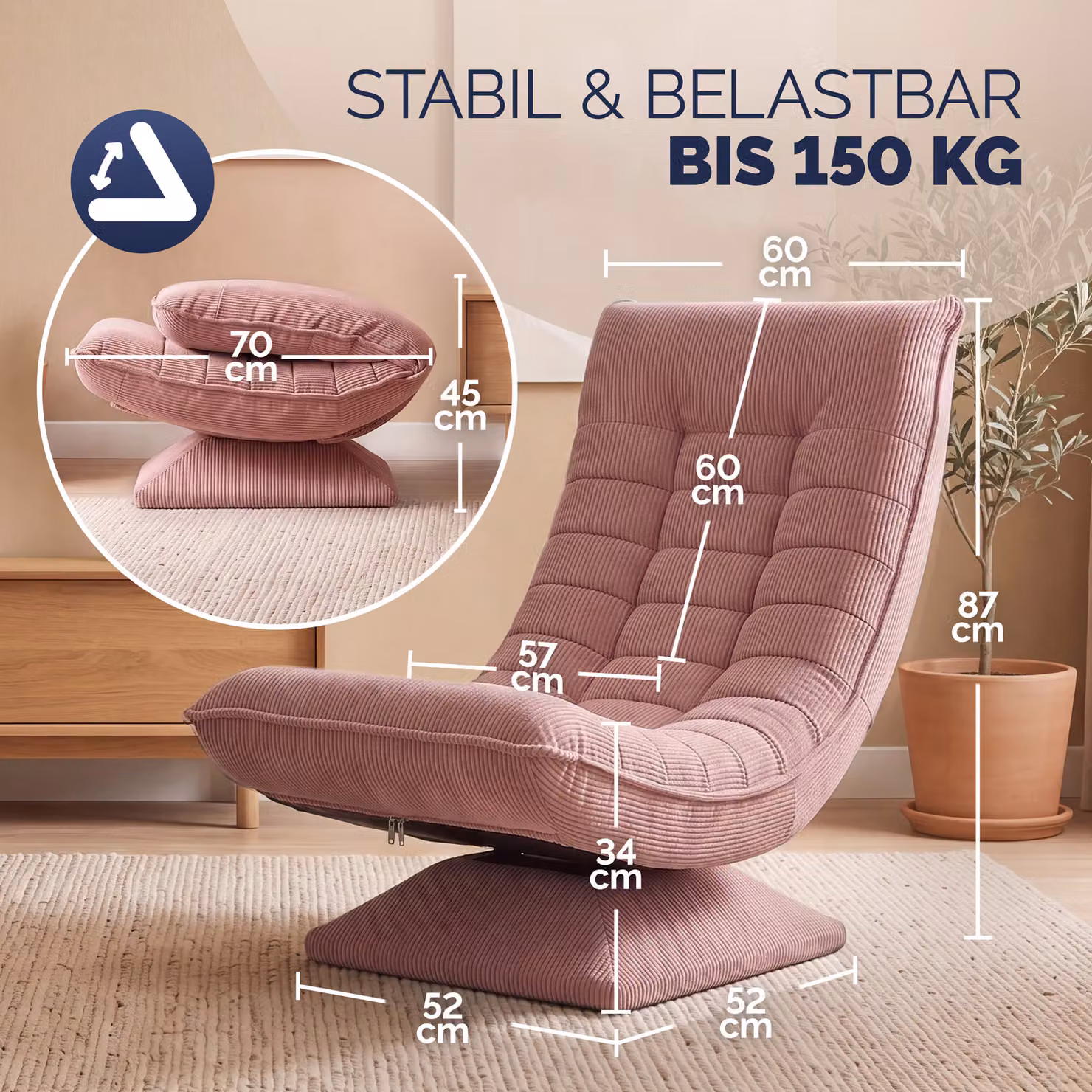 Poltrona relax Aberdeen Casaria in velluto a coste rosa scuro o grigio, girevole a 360°, regolabile in 5 posizioni e pieghevole con struttura in metallo – 3
