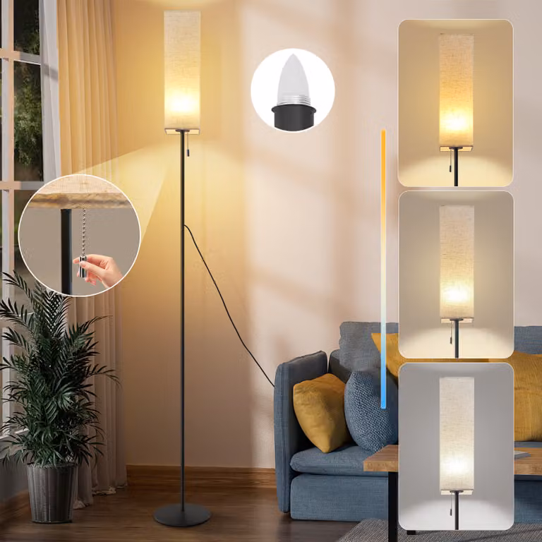 ZMH Lampada da terra a LED lampada da terra in tessuto soggiorno lampada da terra dimmerabile lampada da terra vintage lampada da terra beige paralume lampada da soggiorno interruttore a cavo tirante retrò