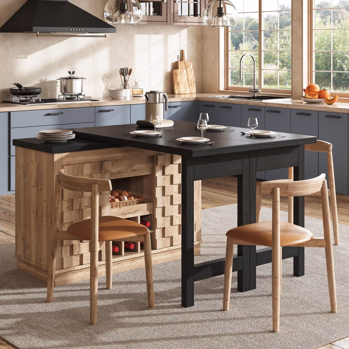 Tavolo da pranzo girevole a 360°, estensibile, con ante a patchwork; tavolo da pranzo con ripiano estraibile per bottiglie di vino e cassetti; tavolo da cucina, legno di quercia chiaro