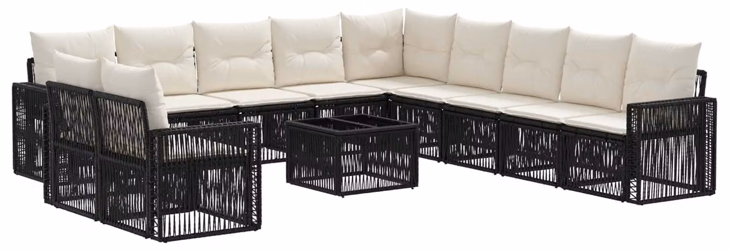 Set Divano da Giardino 12 pcs Nero e Bianco Crema polyrattan