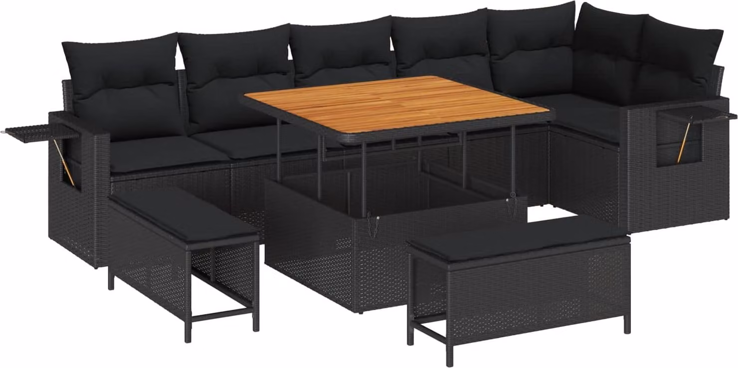 Set Divano da Giardino con cuscino 11 pcs Nero polyrattan