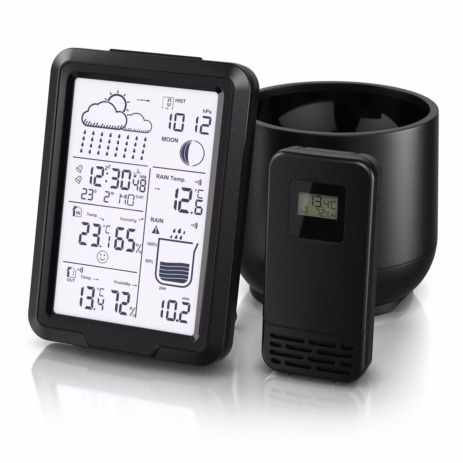 Stazione meteorologica wireless BEARWARE, stazione meteo con sensore esterno, previsioni del tempo, temperatura interna ed esterna, sveglia con DCF, snooze 2 orari di allarme, precipitazioni, pressione atmosferica
