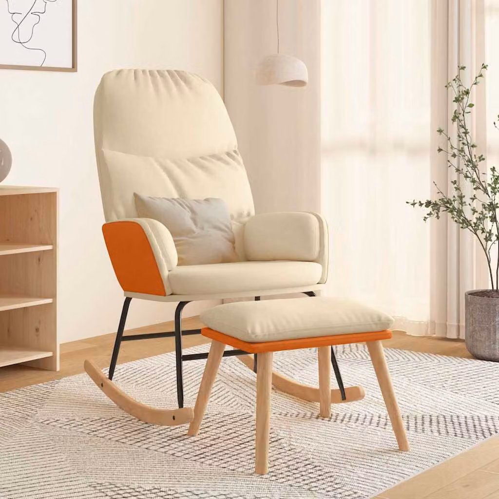 vidaXL Sedia a Dondolo Lounge con Poggiapiedi in Tessuto e Finta Pelle, Colore Bianco e Beige