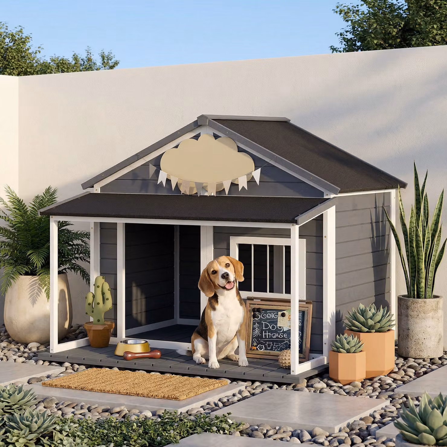 Cuccia per cani da esterno PawHut con terrazza, finestra e tetto impermeabile, Grigio, L: 124 cm, P: 112 cm, H: 105 cm – 2