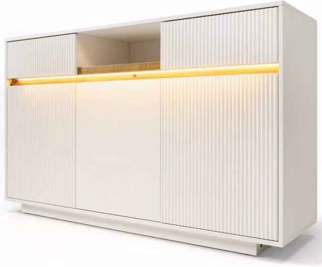 Credenza Chicfurn moderna con illuminazione LED integrata, 3 ante, 2 cassetti e ripiani regolabili, bianca, L/P/H: 140 x 40 x 85 cm