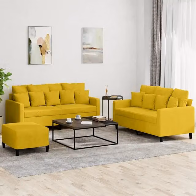 Set di 3 divani moderni vidaXL in velluto giallo con cuscini inclusi – 1