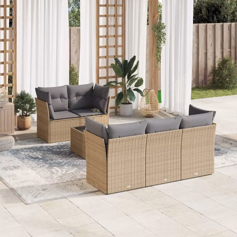 vidaXL Set Divano da Giardino 6 pz in Polyrattan con Cuscini Beige e Tavolino da Caffè