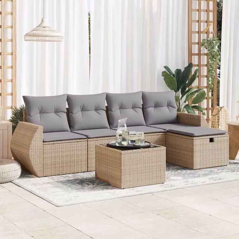 Set Divano da Giardino vidaXL 6 pz in Polyrattan con Cuscini Beige e Grigio
