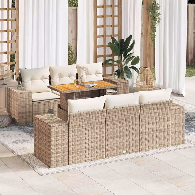 Set da giardino vidaXL in polyrattan beige composto da 7 pezzi con cuscini e tavolino da esterno