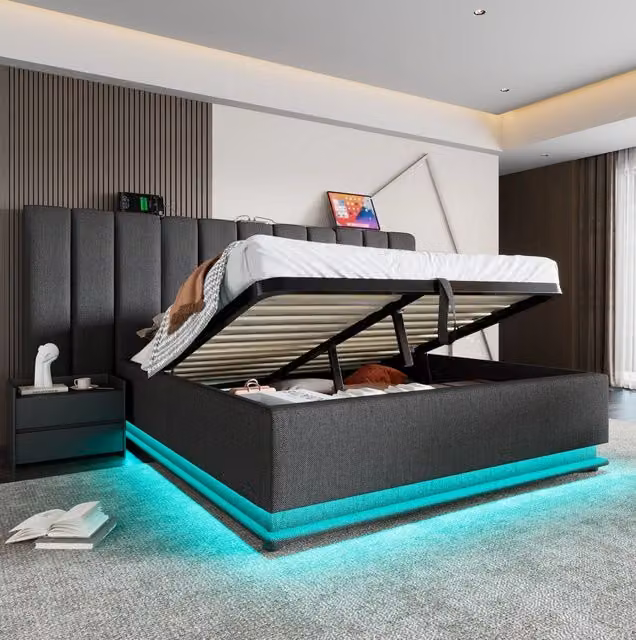 Letto imbottito 160x200 cm con contenitore idraulico, LED e ricarica USB-C in lino grigio