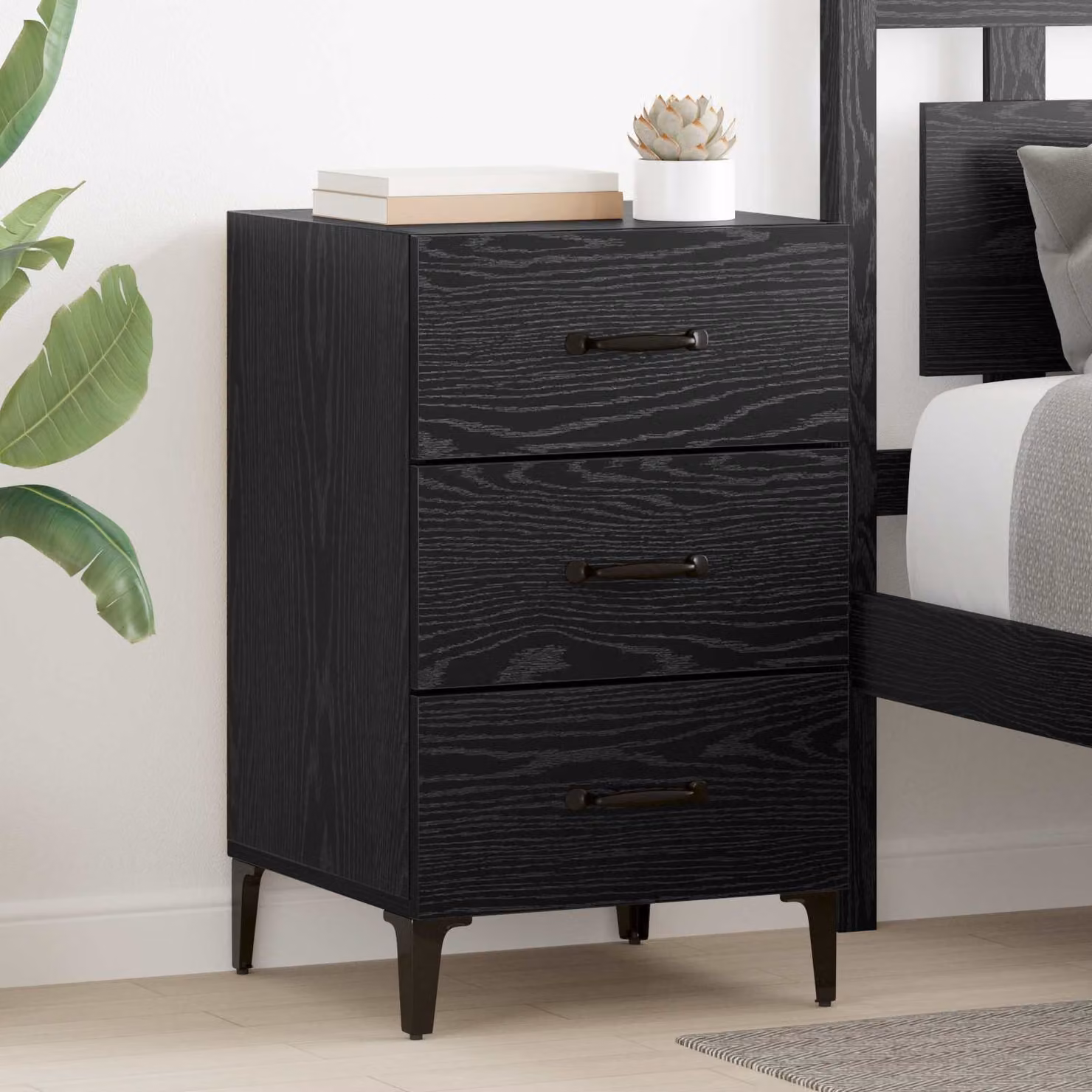 Armadio da Notte vidaXL Moderno in MDF e Metallo, Colore Rovere e Nero, L/P/H: 40 x 40,5 x 66 cm