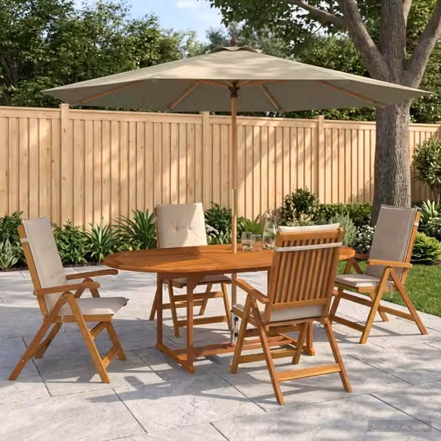 Set da pranzo da esterno vidaXL in legno di acacia con ombrellone, 6 pezzi per 4 persone, bianco e beige