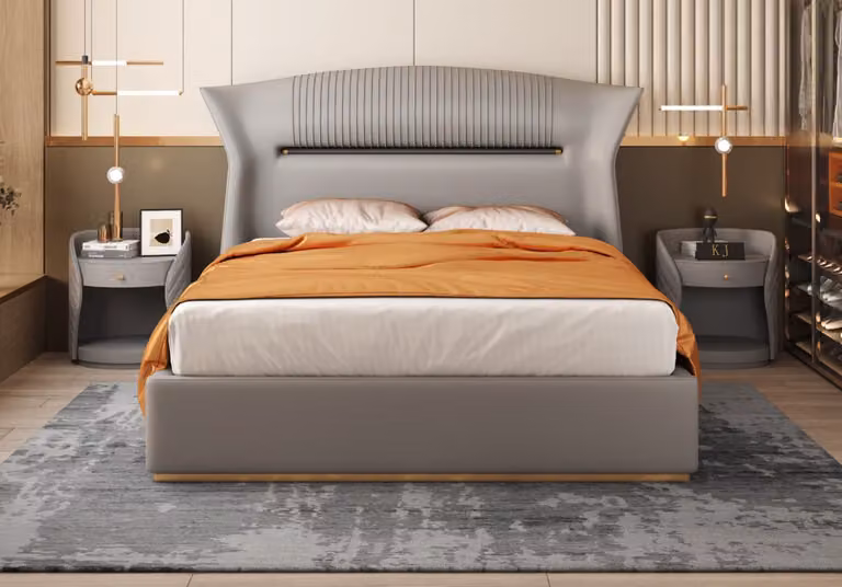Graues Leder Bett Design Schlafzimmer Möbel Doppelbett Luxus Hotel Einrichtung