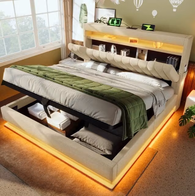 Letto matrimoniale 160x200 cm con LED; contenitore idraulico e testiera con USB Type-C; beige in lino